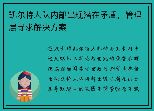 凯尔特人队内部出现潜在矛盾，管理层寻求解决方案